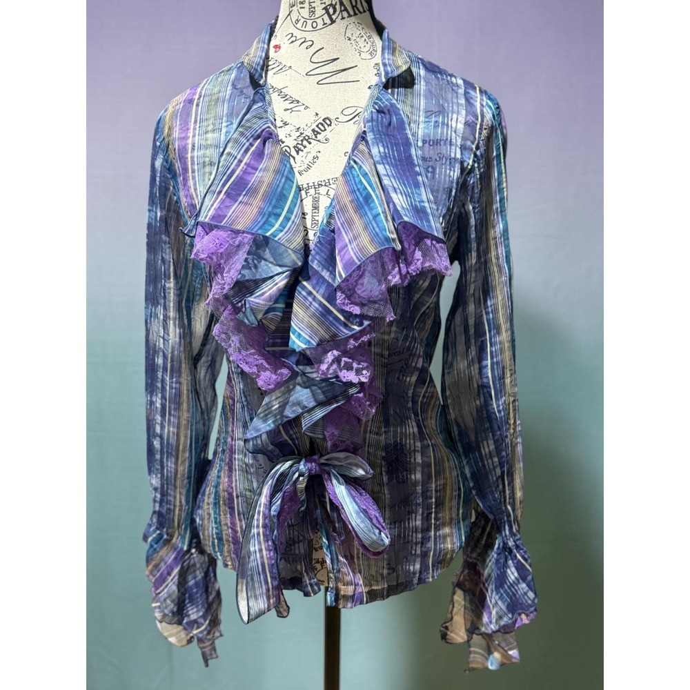 Vintage MK Solo Blouse S Y2K Sheer Crinkle Plaid Ruffle Lace Whimsigoth Top